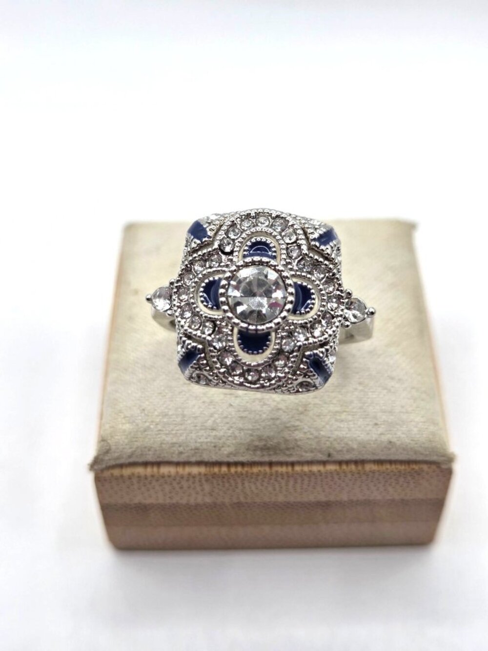 Vintage-Style Silver Ring With Clear & Blue Crystals Size 8 Intricate Filigree D